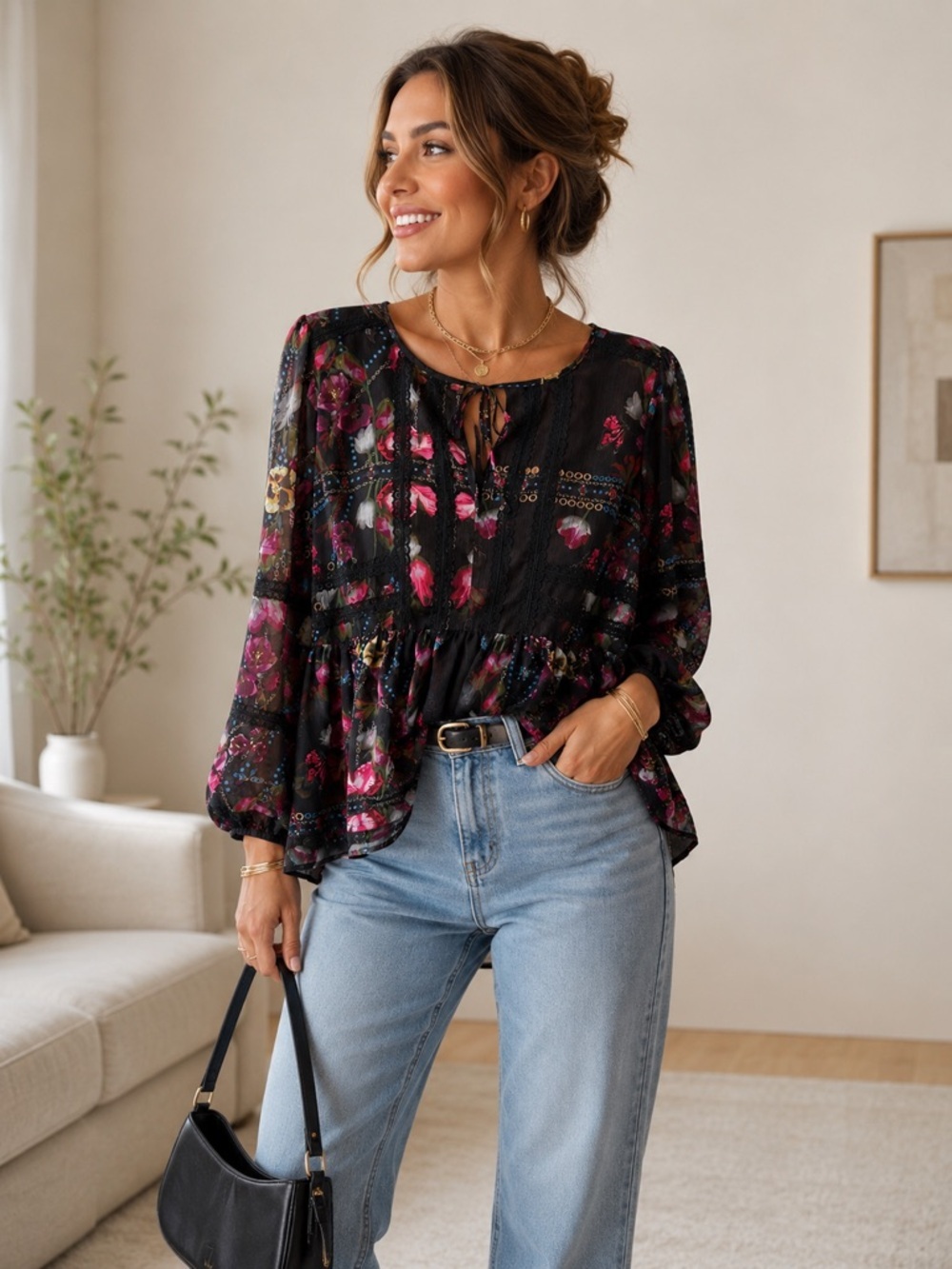 VENUS Black Floral Peasant Blouse with Pink & Purple Accents